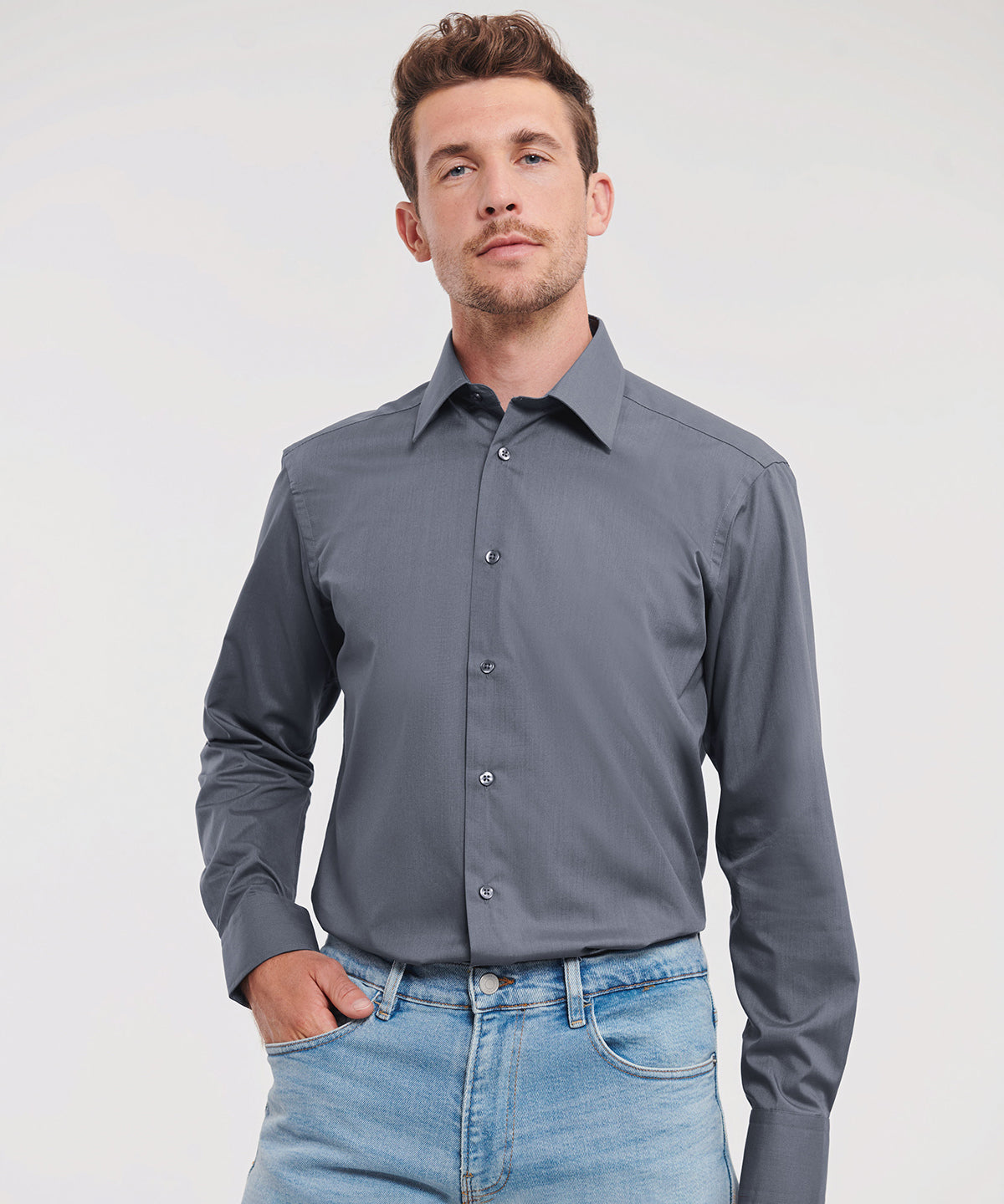 Russell Collection - Long sleeve polycotton easycare fitted poplin shirt - J924M