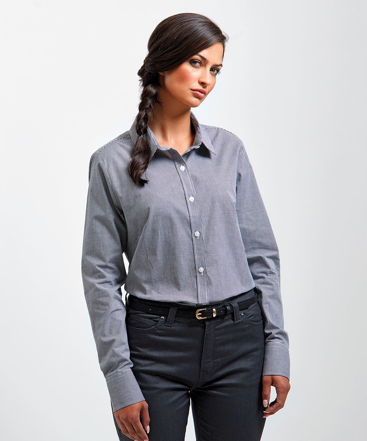 Premier - Women's Microcheck (Gingham) long sleeve cotton shirt - PR320